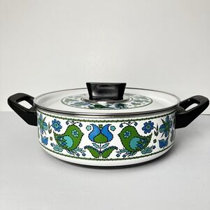 Vintage Fancipans Enamel Saucepan Lid Green Blue Bird Folk Art 1970s Retro Kitch